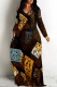 Deep Coffee Casual Street Plaid Geometric Print Flowers Pocket Contrast V Neck Printed Dresses