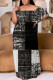 Black And White Casual Floral Print Patchwork Off Shoulder Long Plus Size Dresses