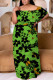 Green Casual Floral Print Patchwork Off Shoulder Long Plus Size Dresses
