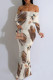 Beige Elegant Floral Print Ruffle Contrast Off Shoulder Printed Dresses