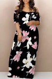 Black Coffee Casual Print Basic Off Shoulder Long Dresses