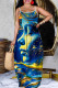 Blue Casual Print Backless Spaghetti Strap Long Dresses