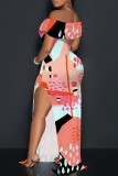 Multicolor Casual Print Slit Off Shoulder Long Dresses