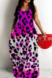 Blue Purple Casual Print Backless Spaghetti Strap Long Dresses