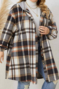 Brown Casual Plaid Draw String Buckle Patchwork Hooded Plus Size Overcoat