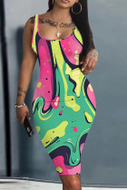 Pink Green Casual Print Basic U Neck Vest Dresses