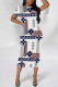 Blue White Casual Letter Print Contrast O Neck Printed Short Sleeve Dress