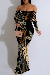 Black Elegant Floral Print Ruffle Contrast Off Shoulder Printed Dresses