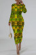 Green Yellow Casual Street Plaid Letter Print Flowers Contrast O Neck Printed Dresses