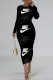 Black And White Casual Fruit Print Letters Contrast O Neck Printed Dresses