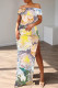 Multicolor Casual Print Slit Off Shoulder Long Dresses