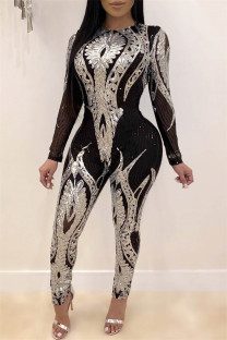 Silver Fashion Long Sleeve Perspective Sequins Jumpsuit