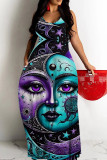 Blue Purple Casual Print Backless Spaghetti Strap Long Dresses