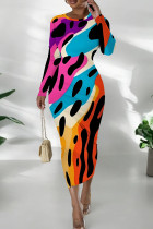Multicolor Casual Print Patchwork O Neck Wrapped Skirt Dresses