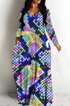 Dark Blue Casual Print Basic V Neck Long Dresses