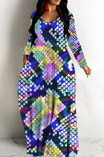Dark Blue Casual Print Basic V Neck Long Dresses