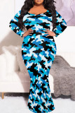 Orange Casual Camouflage Print Patchwork O Neck Long Plus Size Dresses