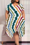 Baby Blue Casual Street The stars Tie Dye Stripe Newspaper printing Pocket Contrast O Neck Printed Plus Size Dresses