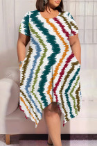 Stripe Casual Street The stars Tie Dye Stripe Newspaper printing Pocket Contrast O Neck Printed Plus Size Dresses