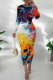 White Orange Casual Print Patchwork O Neck Wrapped Skirt Dresses