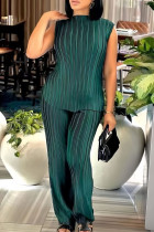 Green Casual Solid Color Patchwork Ruched O Neck Sleeveless Two Pieces