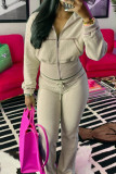 Light Blue Casual Solid Color Draw String Patchwork Zipper Zipper Collar Long Sleeve Two Pieces