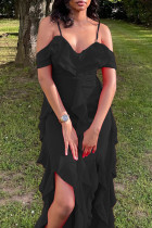 Black Sexy Solid Color Patchwork Backless Ruffled Trim Spaghetti Strap Sling Dresses