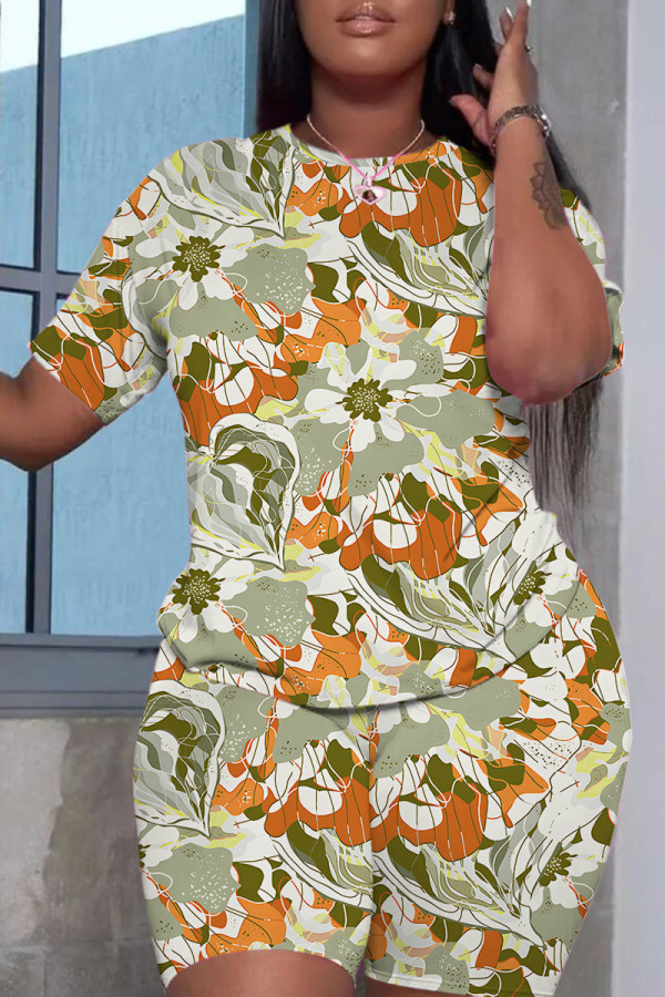 Light Green Casual Print Basic O Neck Short Sleeve Two Pieces