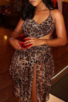 Leopard Print Sexy Leopard Print Patchwork Backless Halter Irregular Dresses