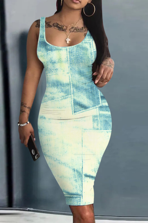 Light Blue Casual Faux Denim Print Basic U Neck Vest Dresses