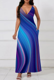Blue Casual Print Patchwork Spaghetti Strap Sling Dresses