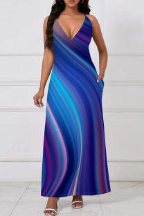 Blue Casual Print Patchwork Spaghetti Strap Sling Dresses
