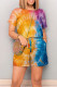 Orange Blue Casual Tie Dye Draw String Pocket Patchwork O Neck Loose Rompers