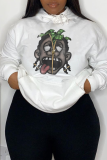 White Casual Street Cartoon Print Draw String Pocket Hooded Tops