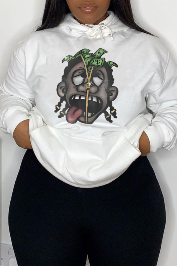 White Casual Street Cartoon Print Draw String Pocket Hooded Tops