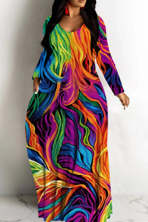 Colour Casual Print Basic V Neck Long Dresses