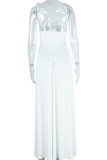 White Elegant Solid Color Hollow Out Patchwork Backless Spaghetti Strap Sling Dresses