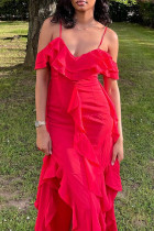 Red Sexy Solid Color Patchwork Backless Ruffled Trim Spaghetti Strap Sling Dresses