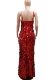 Silver Sexy Solid Color Sequins Patchwork Pearls Decor Spaghetti Strap Sling Dresses