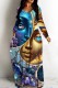 Blue Gold Casual Print Basic V Neck Long Dresses