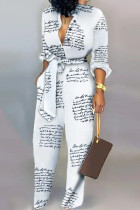 White Casual Stripe Buckle Patchwork Strap Design Turndown Collar Regular Jumpsuits