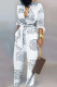 White Casual Stripe Buckle Patchwork Strap Design Turndown Collar Regular Jumpsuits