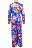 Blue Casual Print Patchwork Strap Design Deep V Neck Loose Jumpsuits