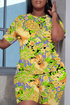 Purple Yellow Casual Print Basic O Neck Short Sleeve Two Pieces