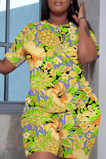 Purple Yellow Casual Print Basic O Neck Short Sleeve Two Pieces