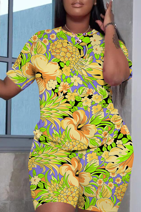 Purple Yellow Casual Print Basic O Neck Short Sleeve Two Pieces