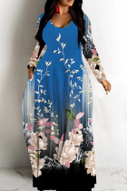 Blue Casual Print Basic V Neck Long Dresses