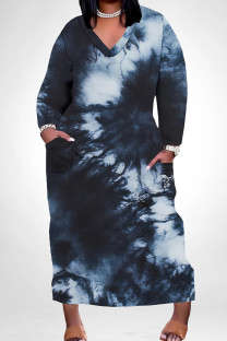 Black And White Casual Tie Dye Pocket Patchwork V Neck Straight Plus Size Dresses