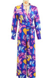 Blue Casual Print Patchwork Strap Design Deep V Neck Loose Jumpsuits