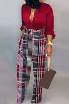 Red Casual Stripe Buckle Patchwork Strap Design Turndown Collar Regular Jumpsuits